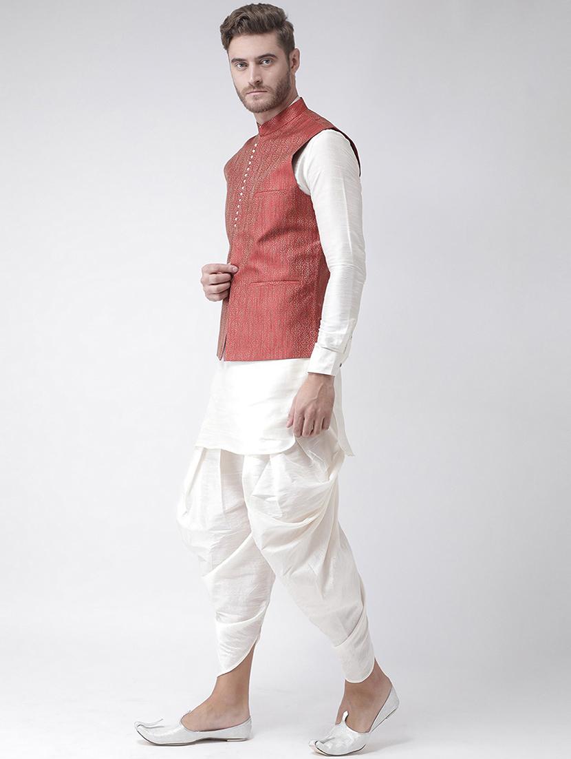 men white & maroon self design dhoti kurta set - 21097494 - Standard Image - 1