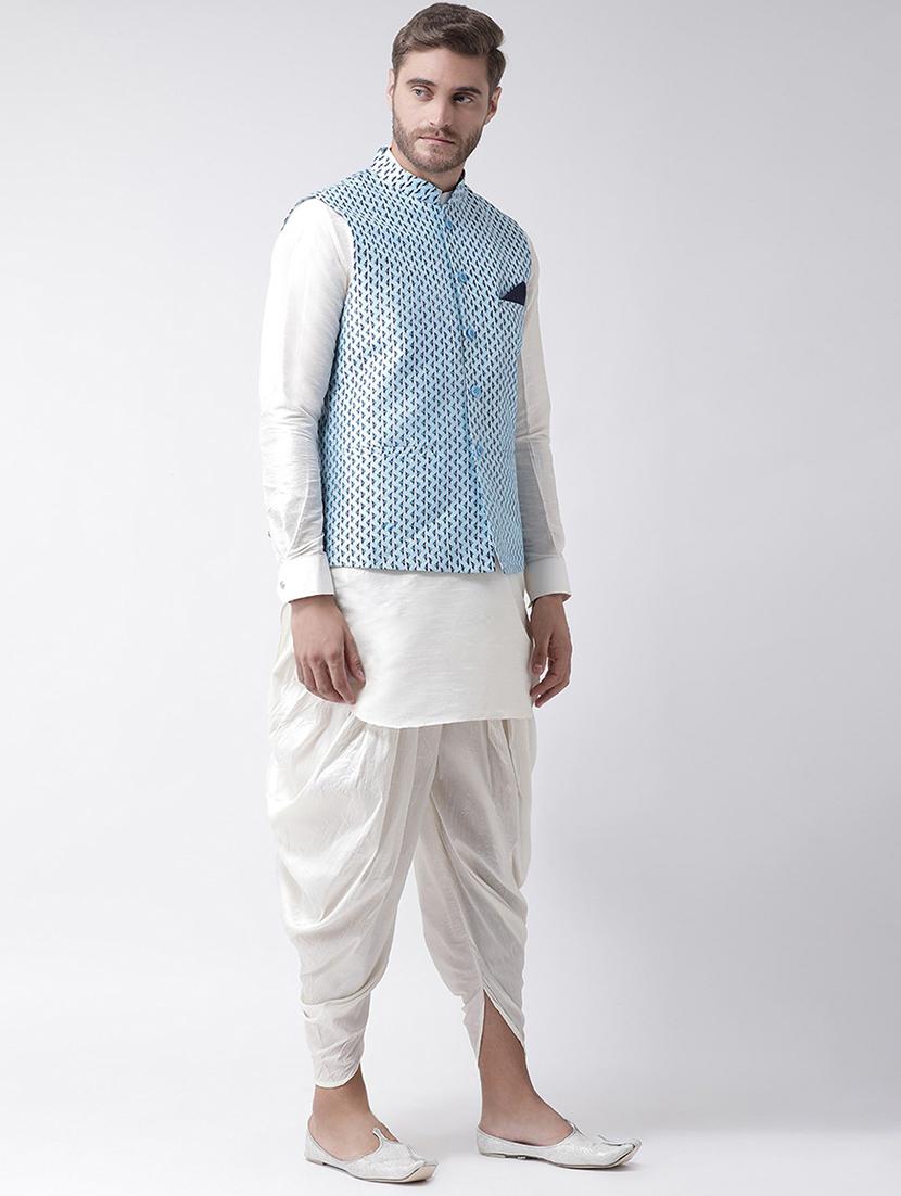 men white & blue printed dhoti kurta set - 21097541 -  Standard Image - 1