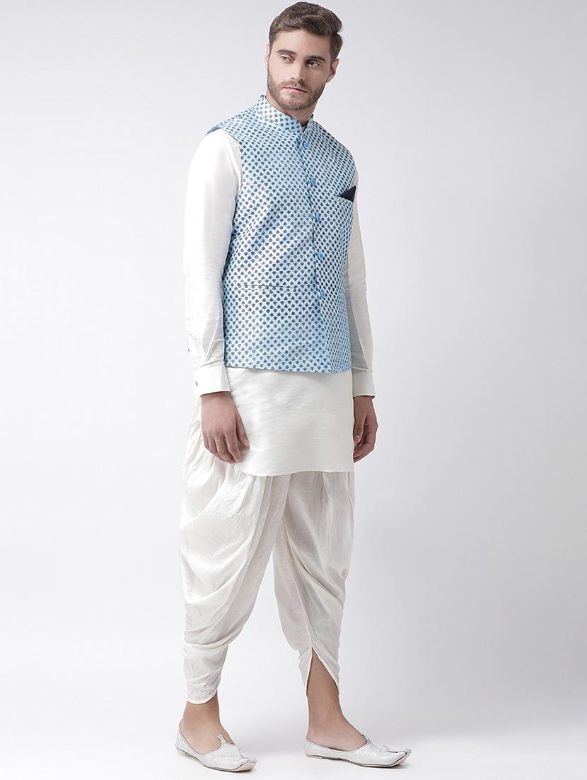 men white & blue printed dhoti kurta set - 21097563 - Standard Image - 1