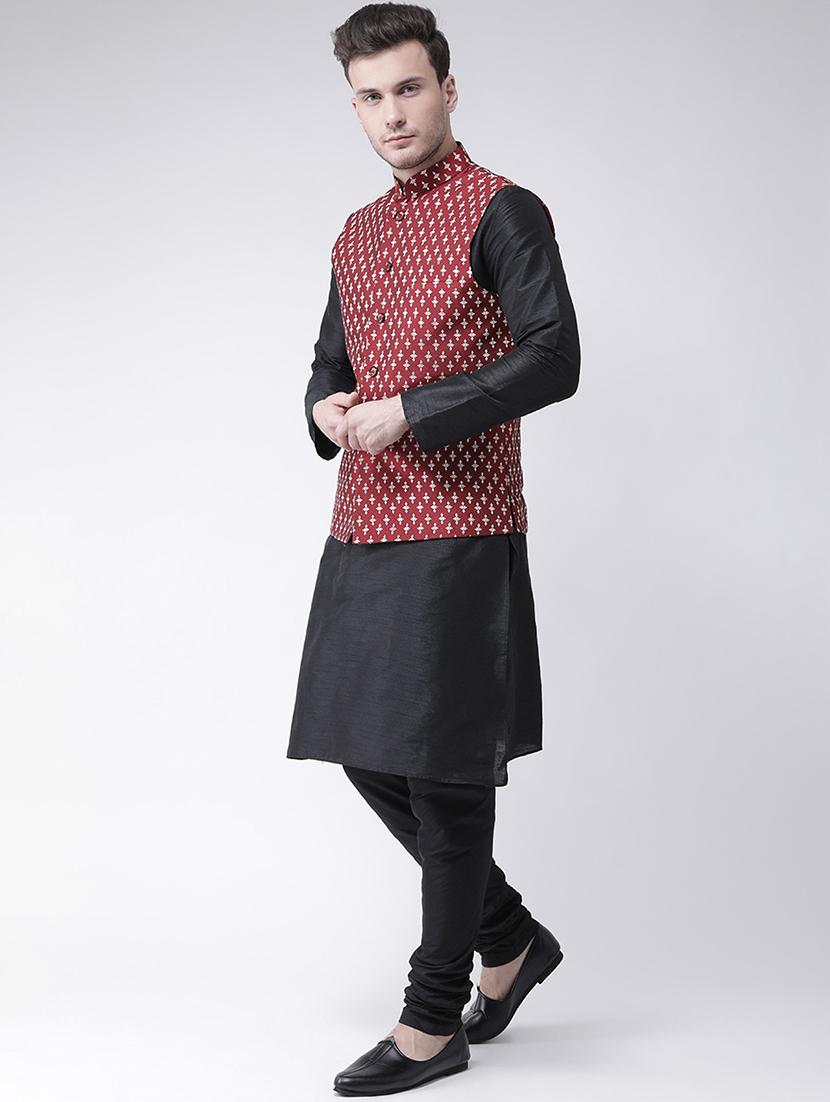 men maroon & black printed kurta pyjama & jacket set - 21097594 - Standard Image - 1