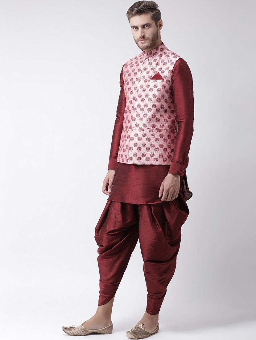 men maroon & pink self design dhoti kurta set - 21097606 - Standard Image - 1