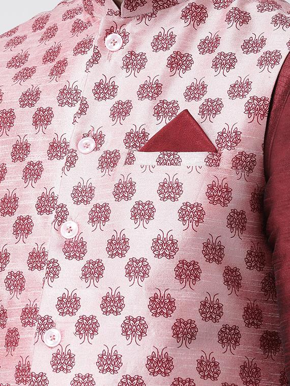 men maroon & pink self design dhoti kurta set - 21097606 - Standard Image - 4