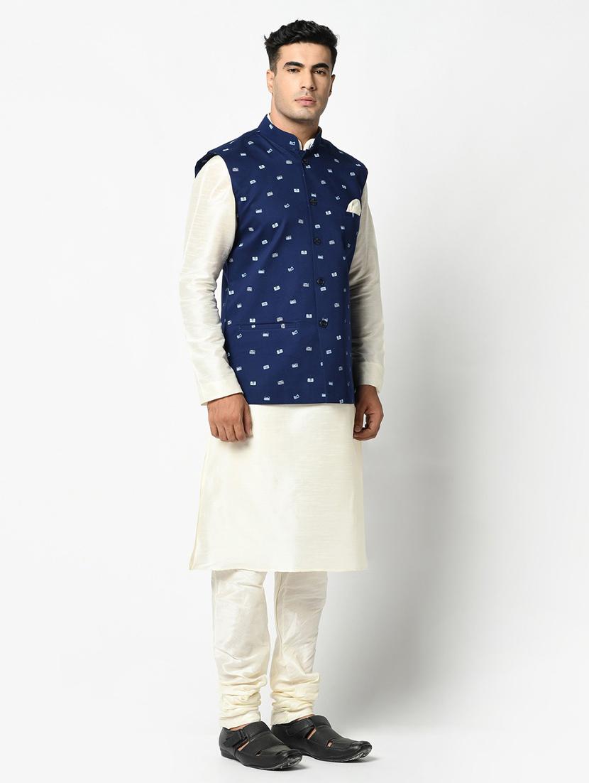 men white & blue printed kurta pyjama & jacket set - 21097766 - Standard Image - 1