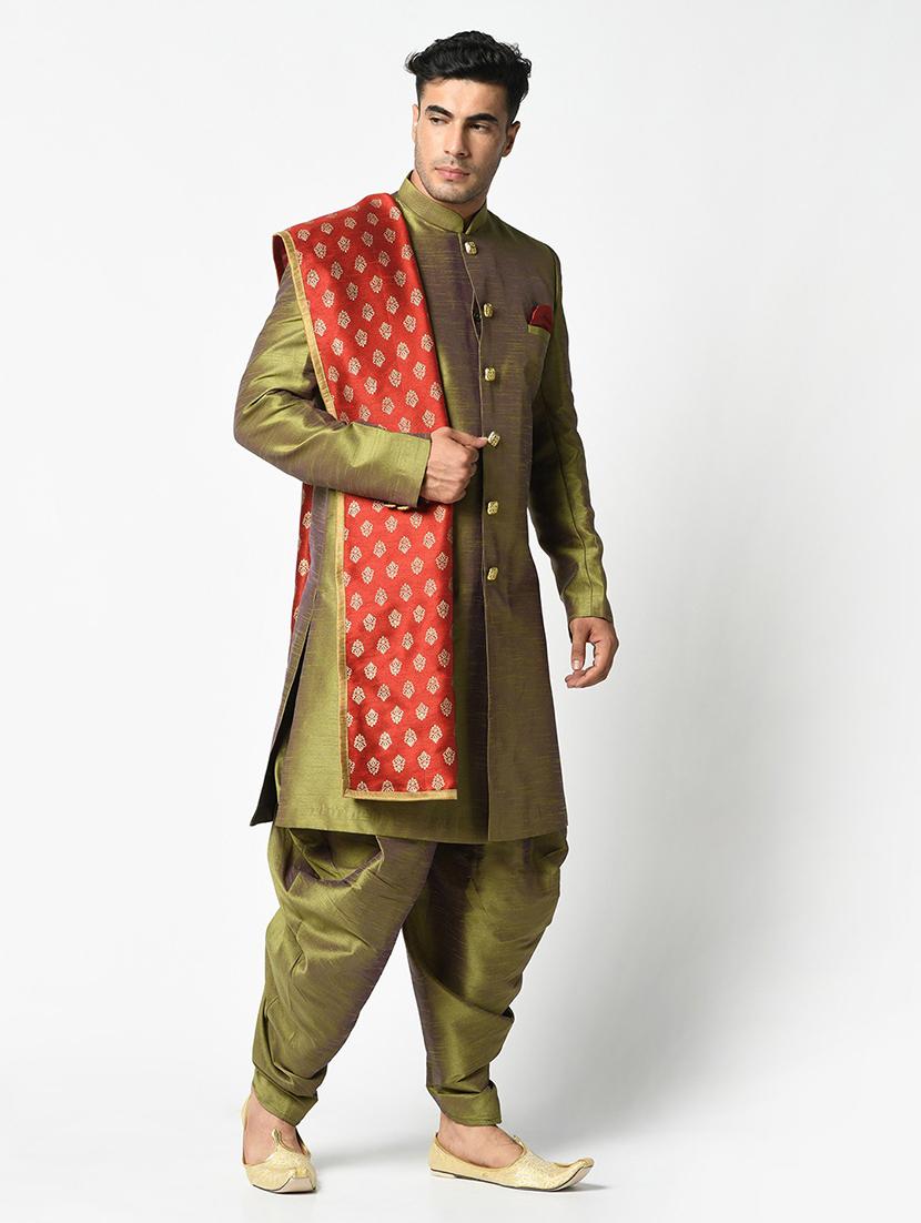 men green & red self design sherwani set - 21098352 -  Standard Image - 1