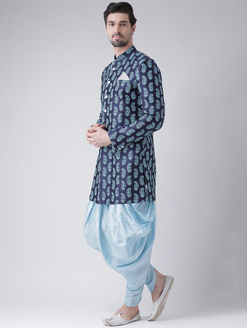 men blue self design sherwani set - 21098406 - Standard Image - 1