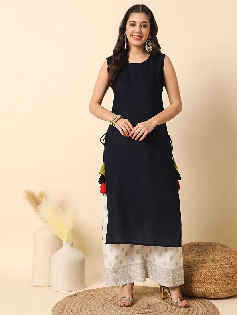 women navy blue round neck straight kurta