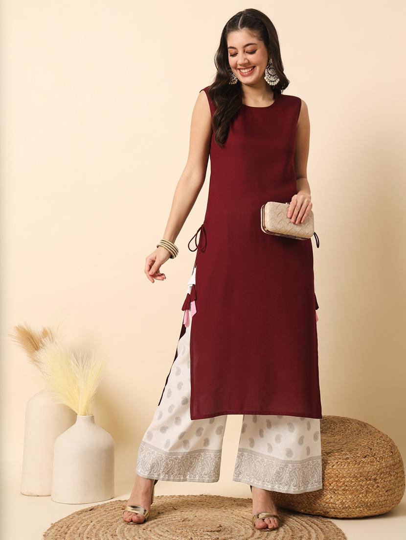 women maroon round neck straight kurt