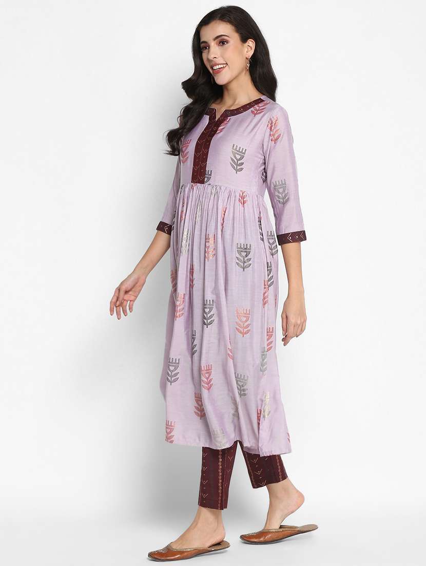 women lavender mandarin neck kurta pant set - 21100710 - Standard Image - 1