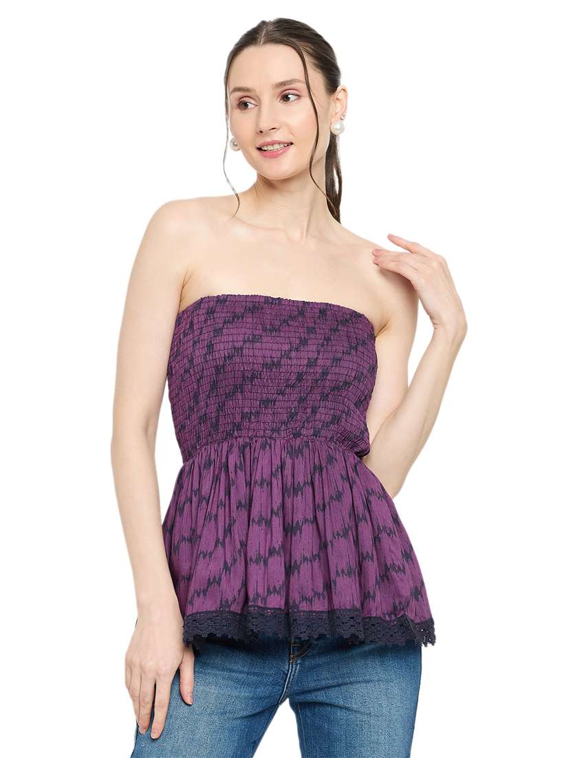 women purple printed smocked peplum top