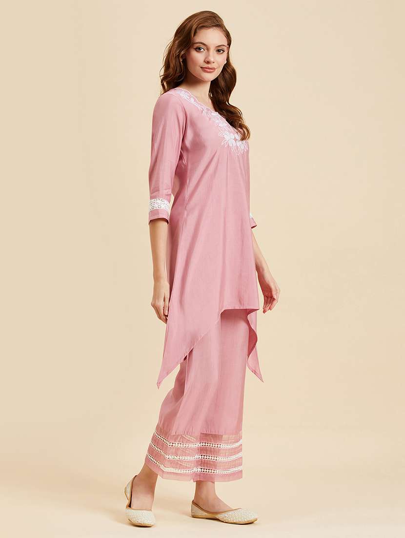 women pink embroidered detailed top & palazzo set