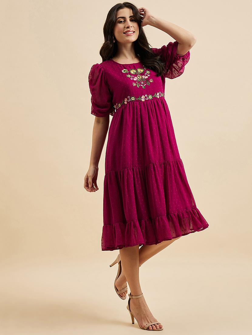 women magenta embroidered fit & flare dress