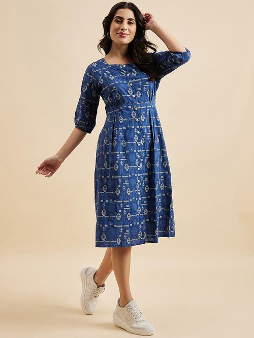 women blue printed puff sleeves dress - 21102134 -  Standard Image - 0