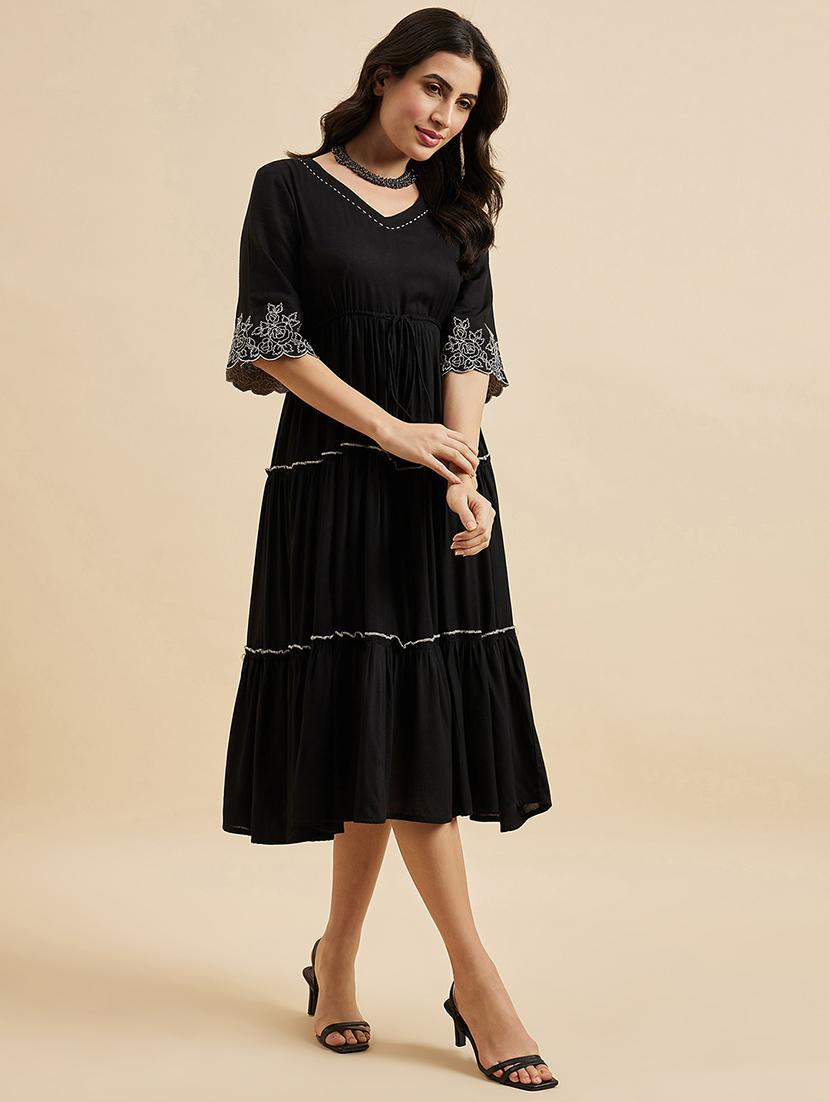 women black embroidered tiered dress - 21102136 - Zoom Image - 0