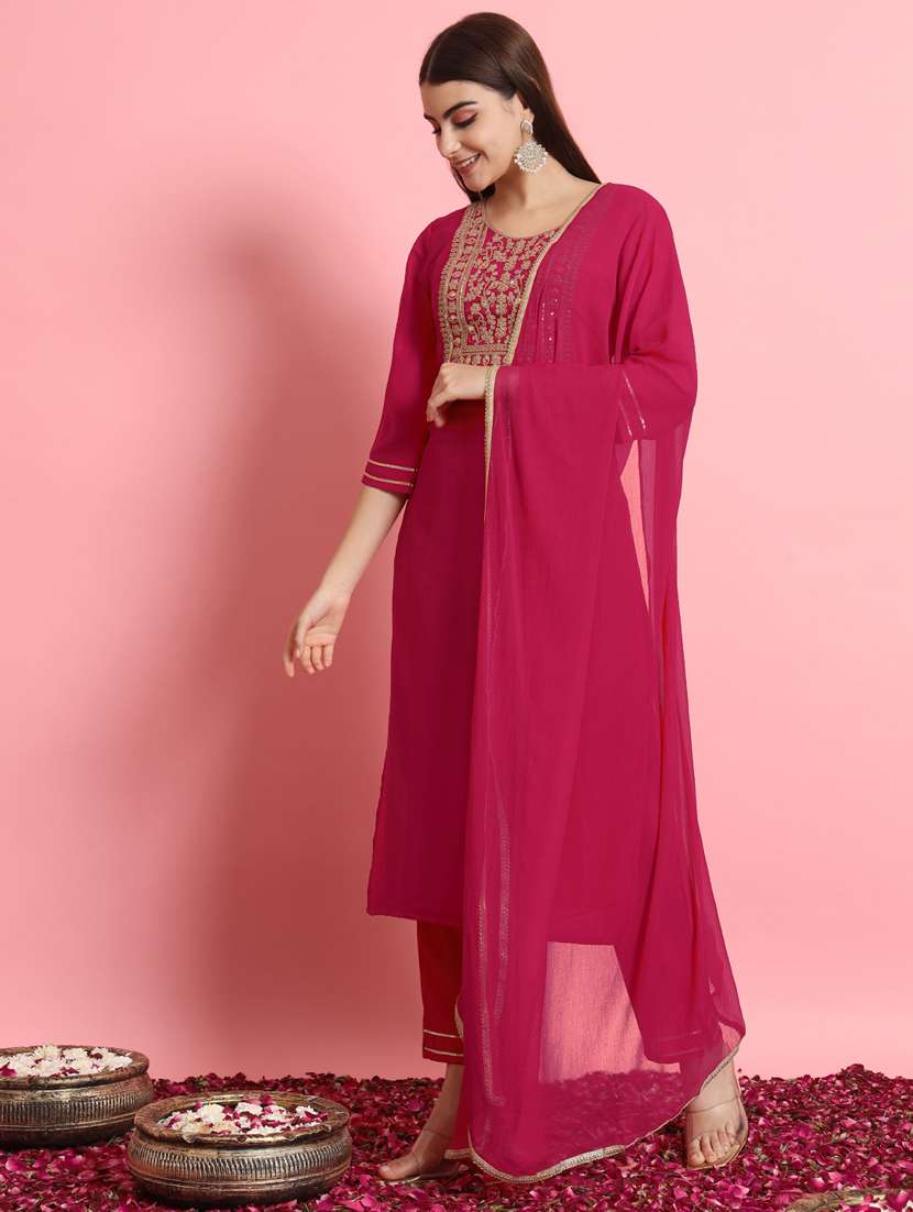 women solid with work kurta pant with dupatta suit set