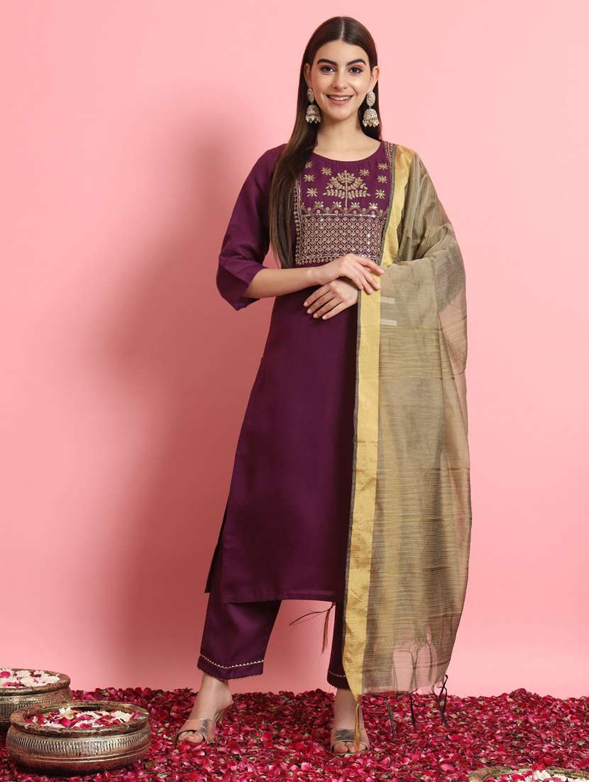 women solid with work kurta pant with dupatta suit set