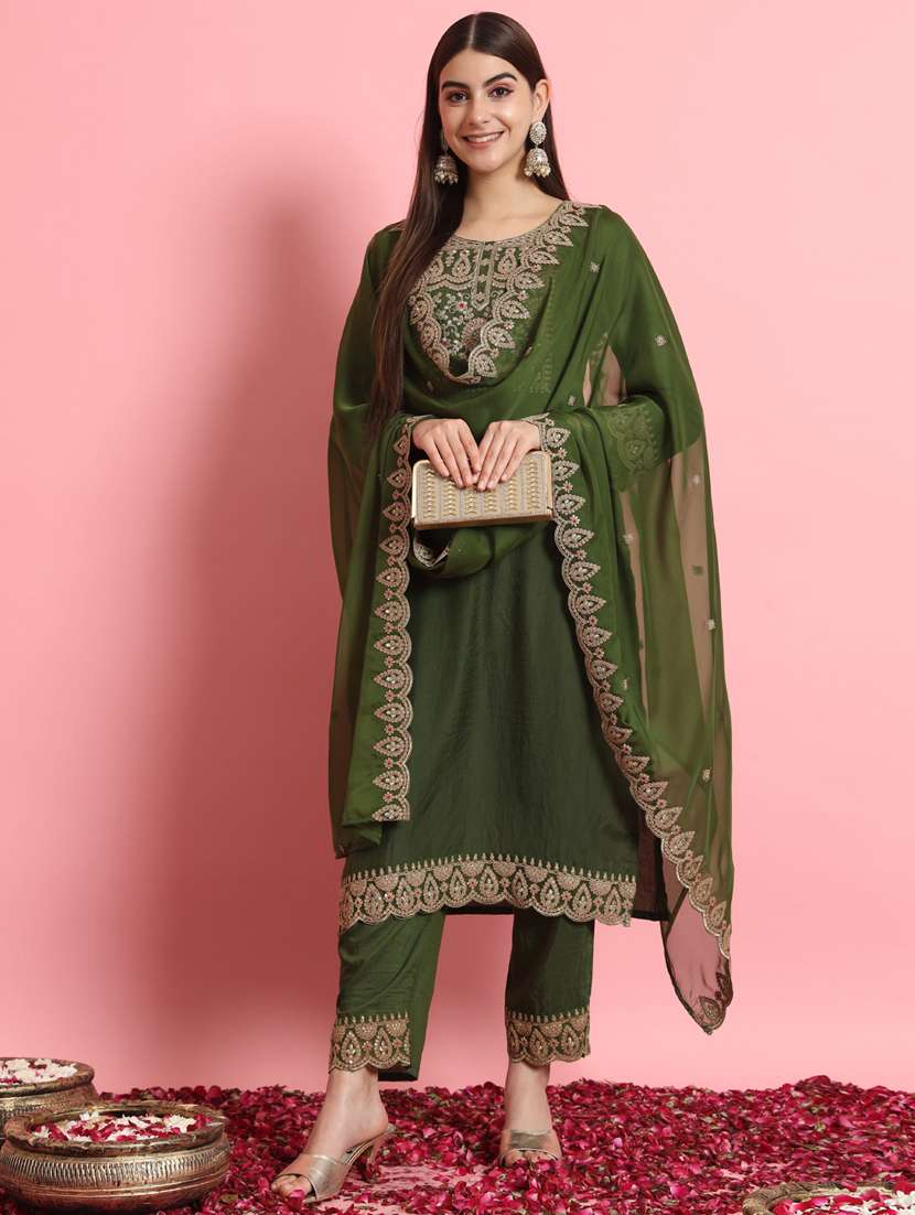 women three quarter sleeve kurta pant with dupatta set