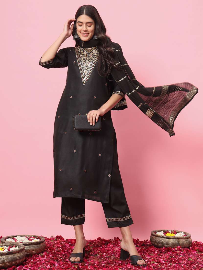 women three quarter sleeve kurta pant with dupatta set