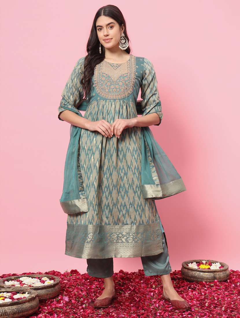 women sea green kurta pant set with dupatta