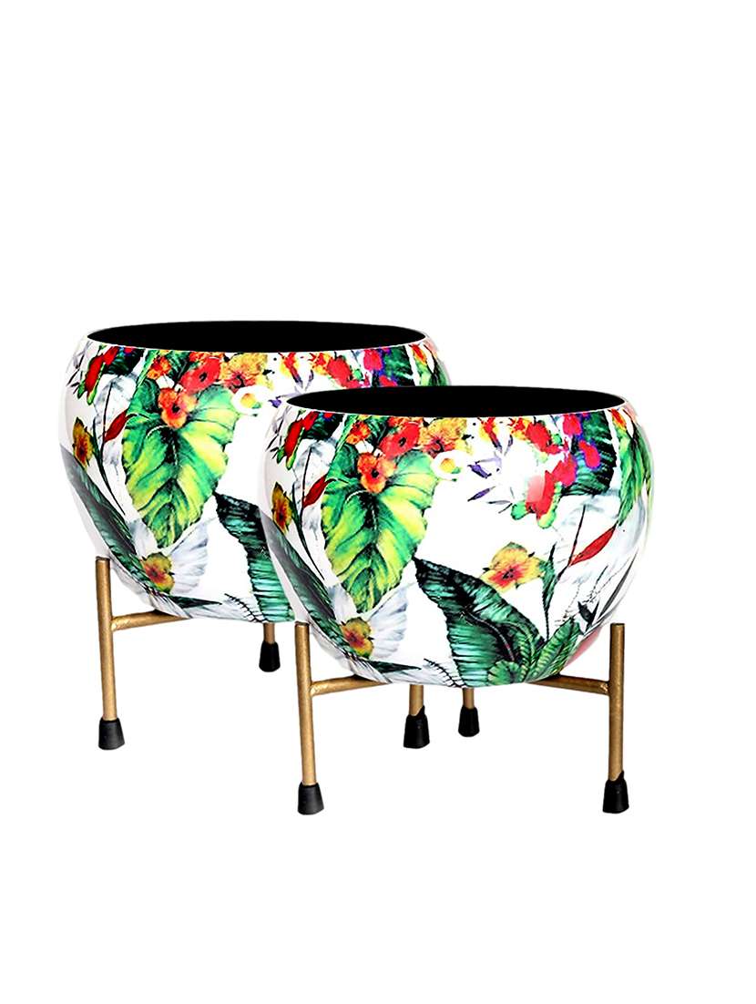 homssy printed metal planter with tripod metal stand green leaf  (pack of 2)