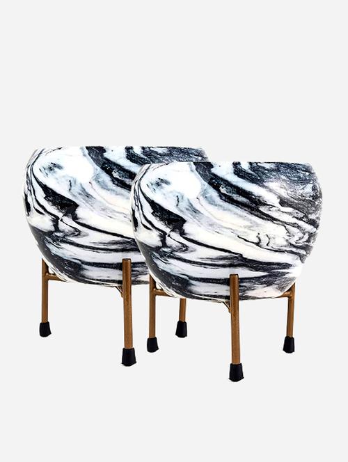 homssy printed metal planter with tripod metal stand black & white marble print (pack of 2) - 21102220 - Standard Image - 0