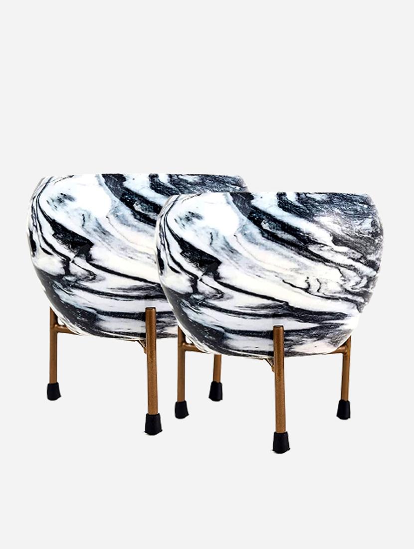 homssy printed metal planter with tripod metal stand black & white marble print (pack of 2) - 21102220 - Zoom Image - 0