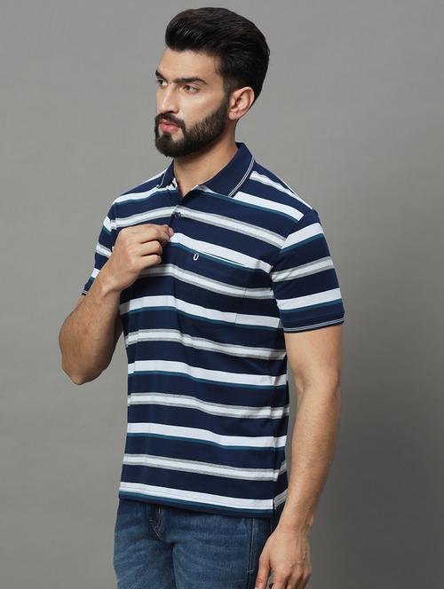 men navy blue regular fit striped polo t-shirt - 21102250 -  Standard Image - 0