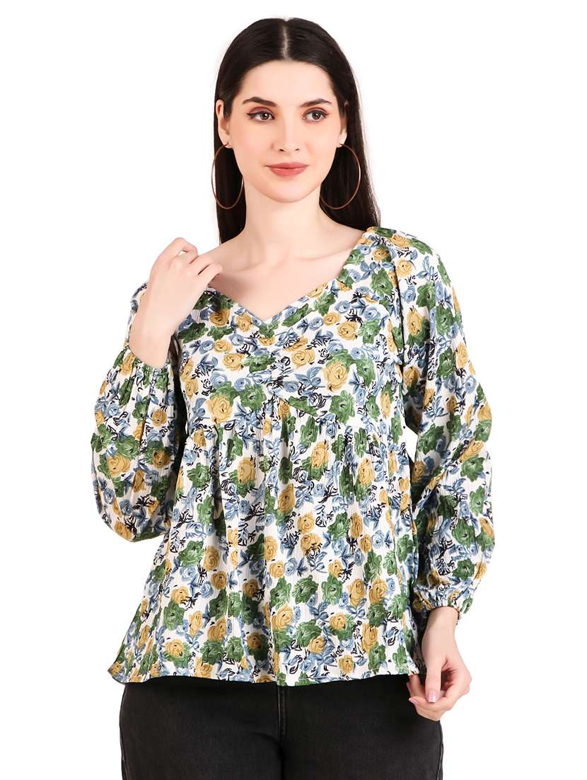 women floral print puff sleeves top