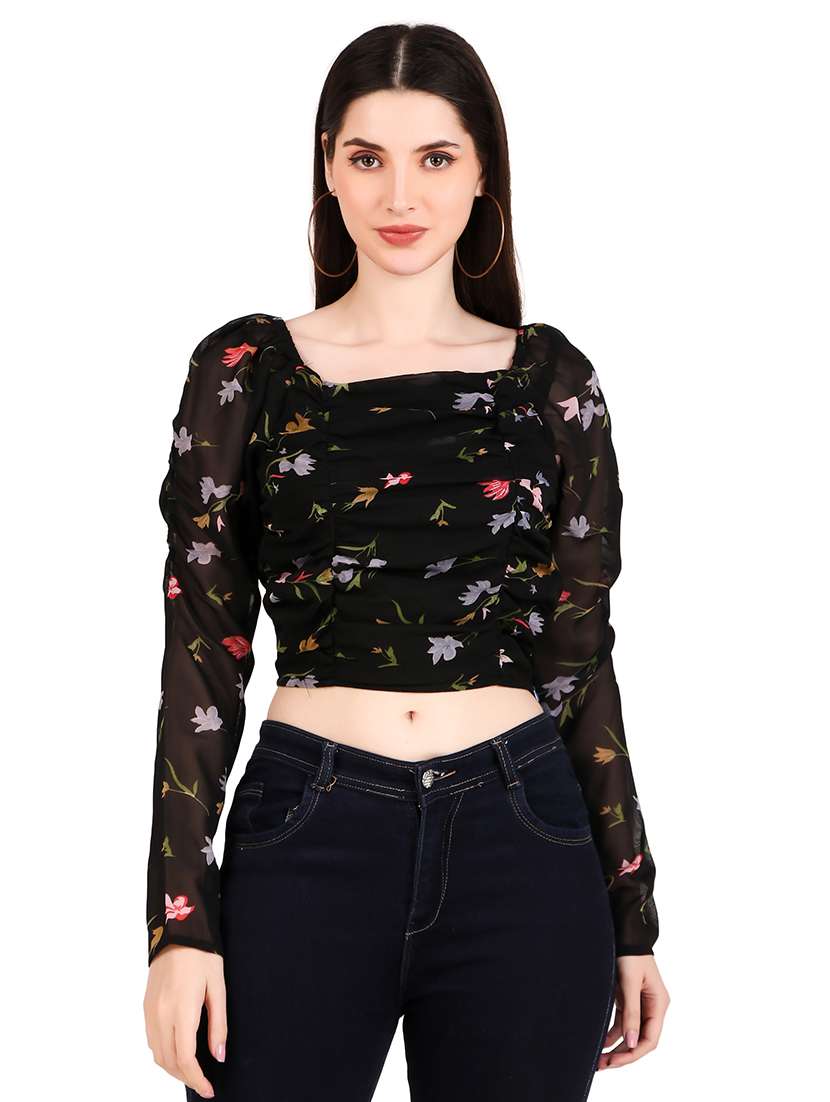 women floral print puff sleeves crop top