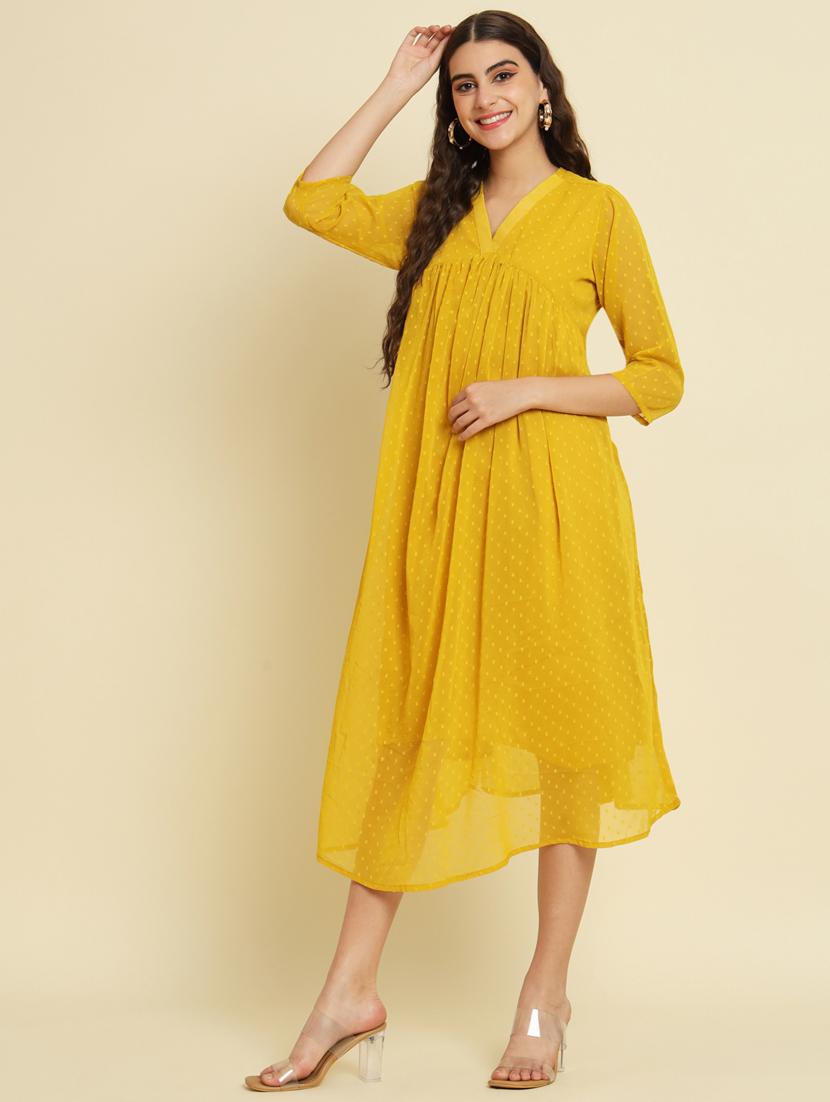 women yellow self design detailed dress - 21102300 - Standard Image - 1