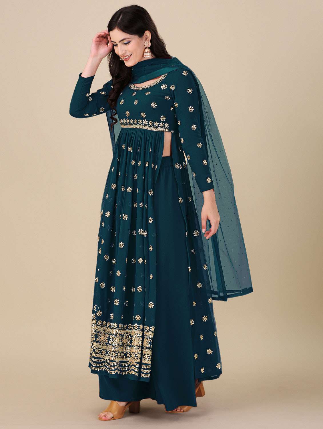 teal angrakha semi-stitched suit - 21102528 -  Standard Image - 1