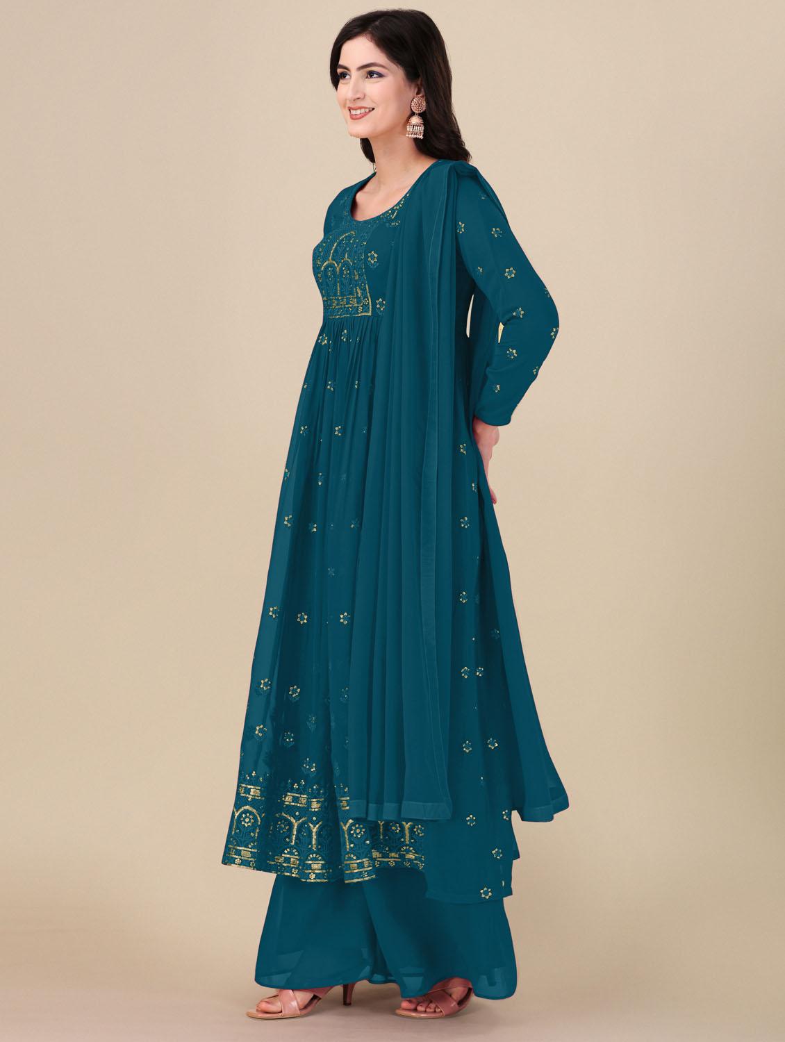 teal angrakha semi-stitched suit - 21102530 -  Standard Image - 1