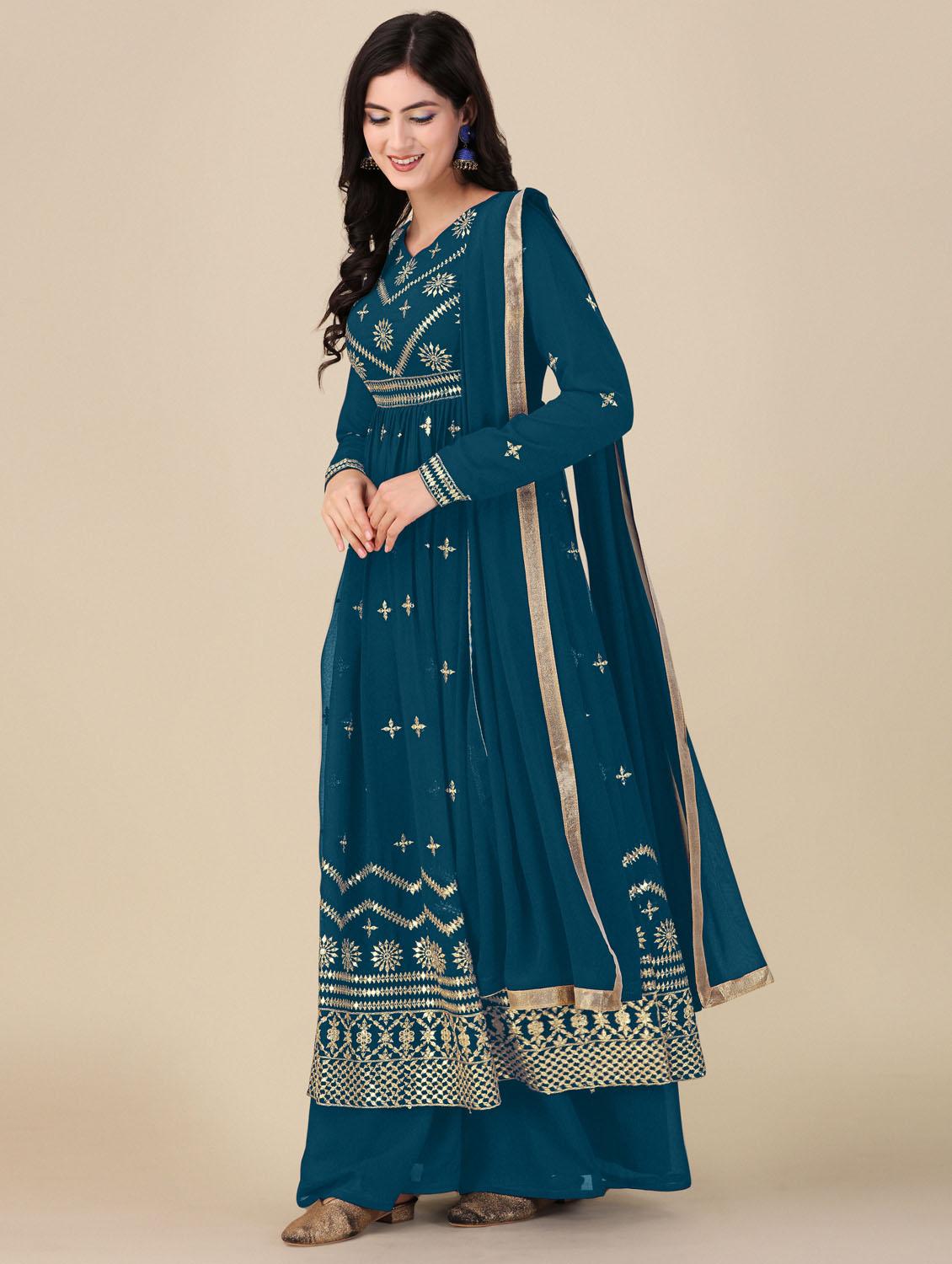 teal angrakha semi-stitched suit - 21102532 - Standard Image - 1