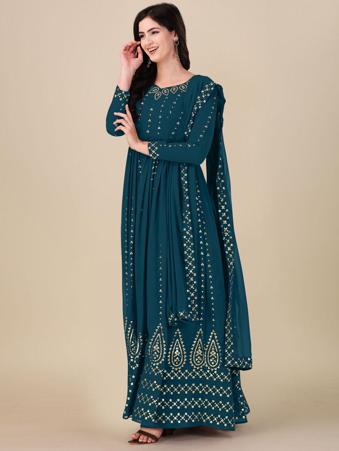 teal angrakha semi-stitched suit - 21102534 - Standard Image - 1