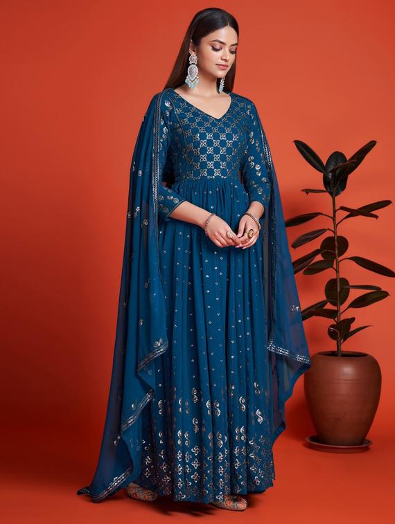 teal anarkali semi-stitched suit - 21102539 - Standard Image - 1