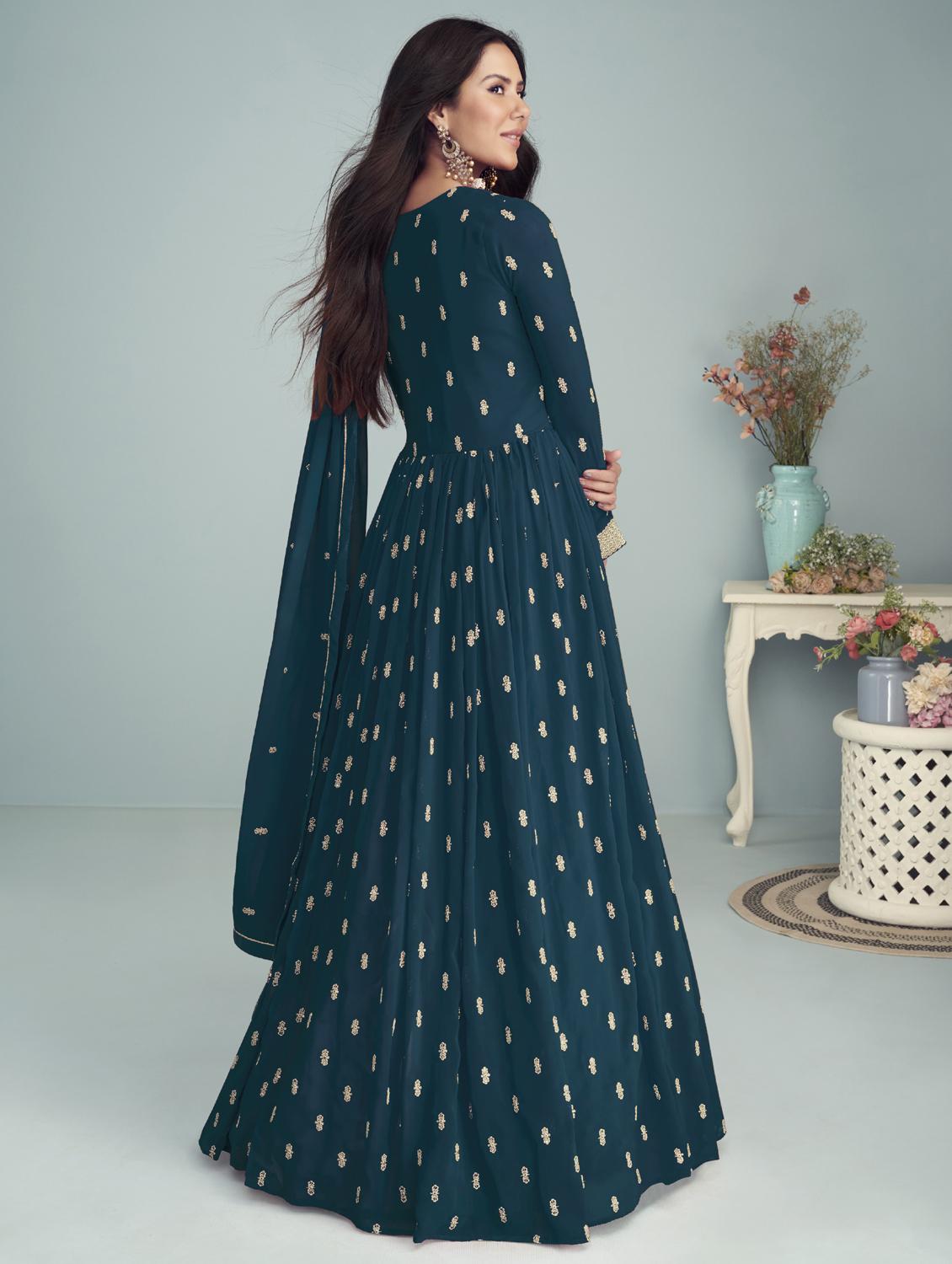 teal anarkali semi-stitched suit - 21102542 - Standard Image - 1