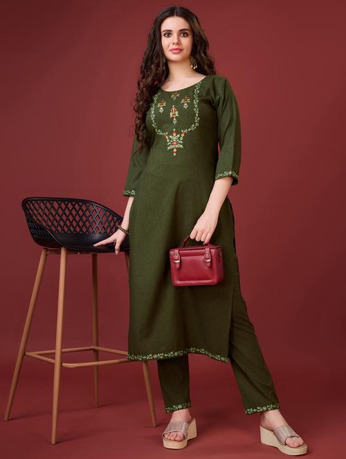 women olive embroidered kurta pant set - 21102924 - Standard Image - 0