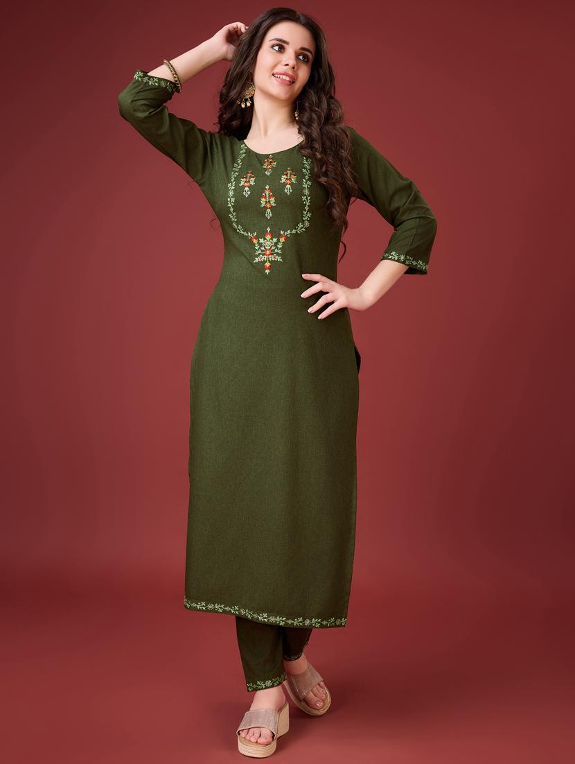 women olive embroidered kurta pant set - 21102924 - Standard Image - 1