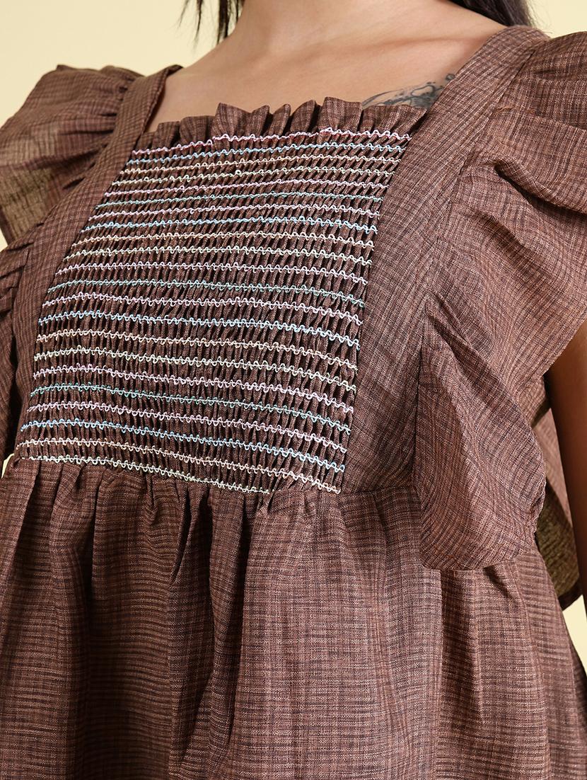 women brown checked printed detailed top - 21102939 - Standard Image - 4