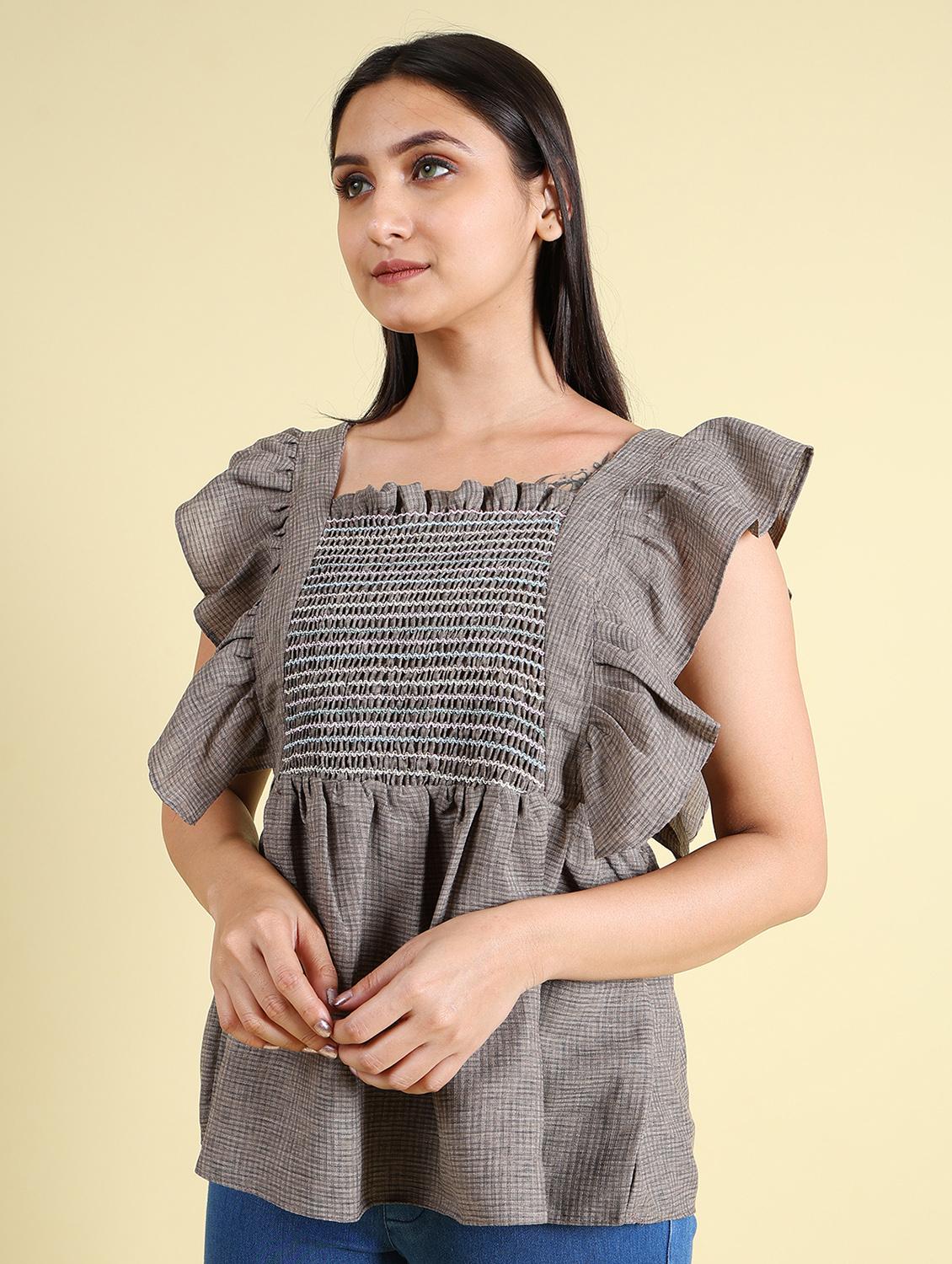 women grey checked printed detailed top - 21102941 -  Standard Image - 1