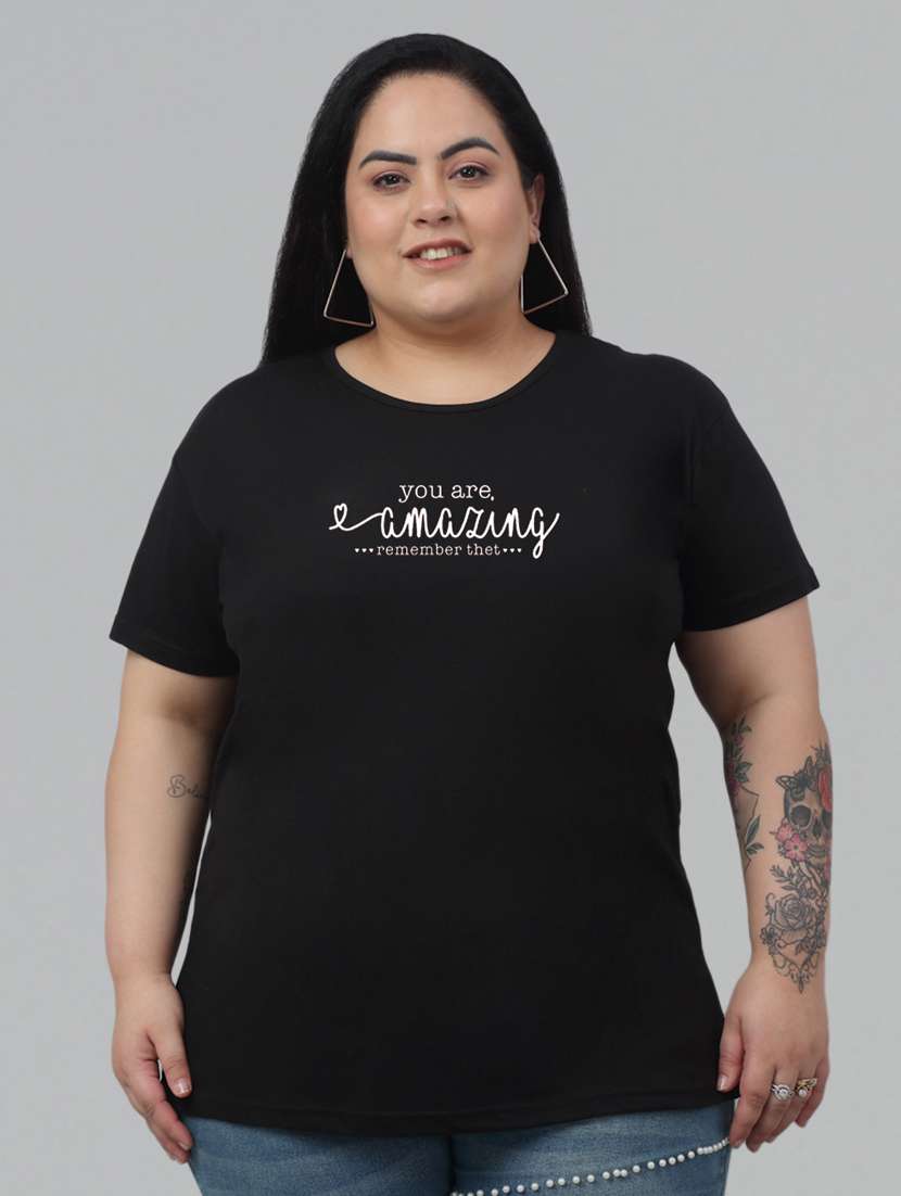 women black chest printed plus size t-shirt - 21102948 -  Standard Image - 1