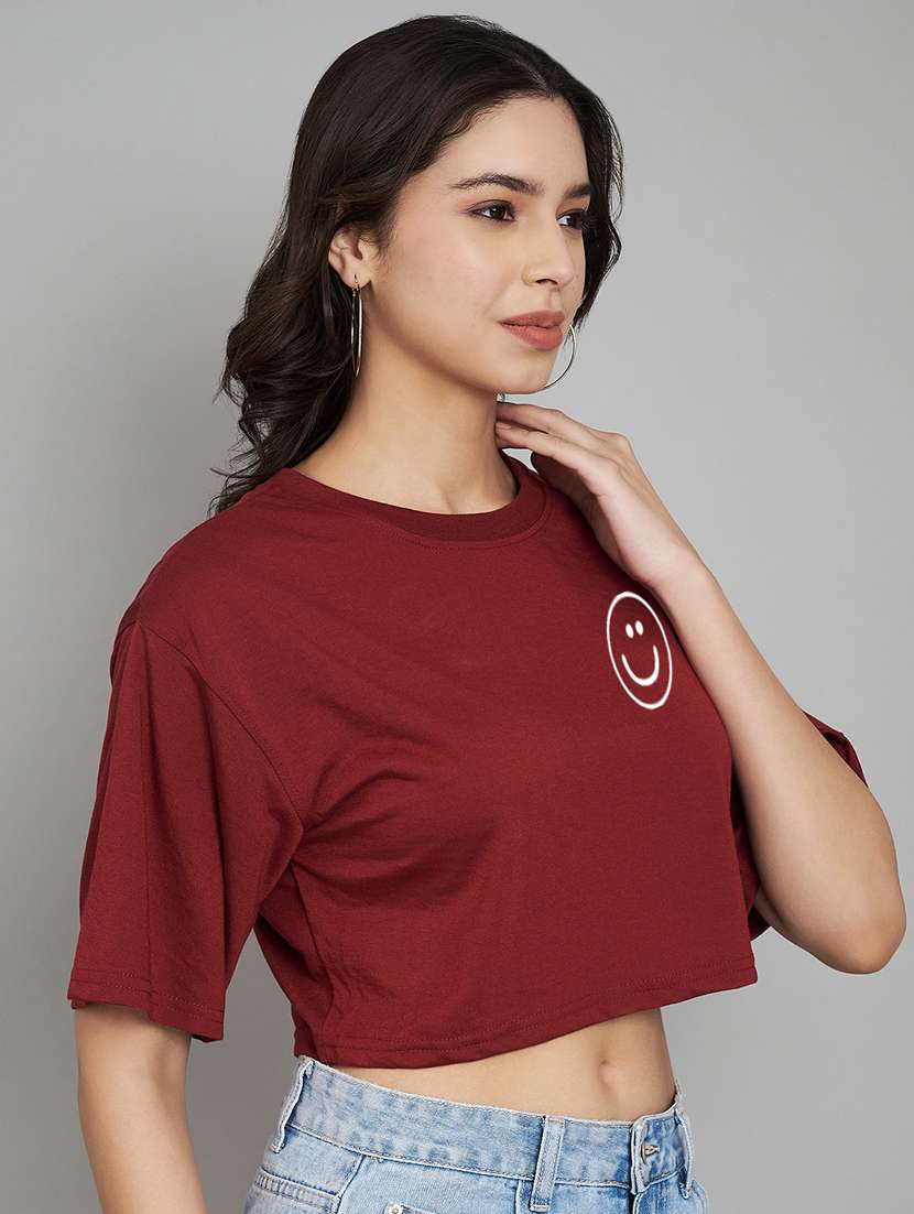 women maroon placement printed crop t-shirt - 21102975 -  Standard Image - 1