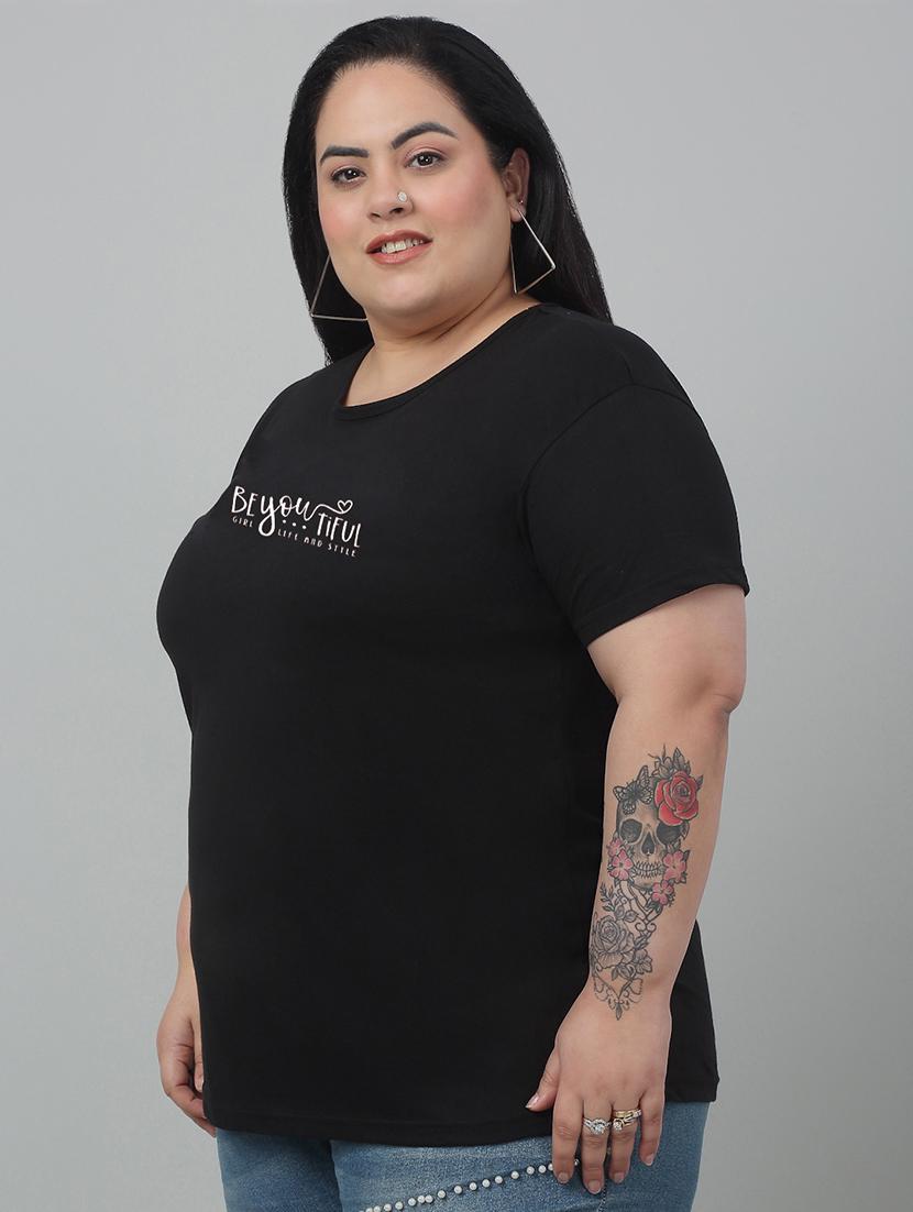 women round neck chest print plus size t-shirt - 21103015 -  Standard Image - 1