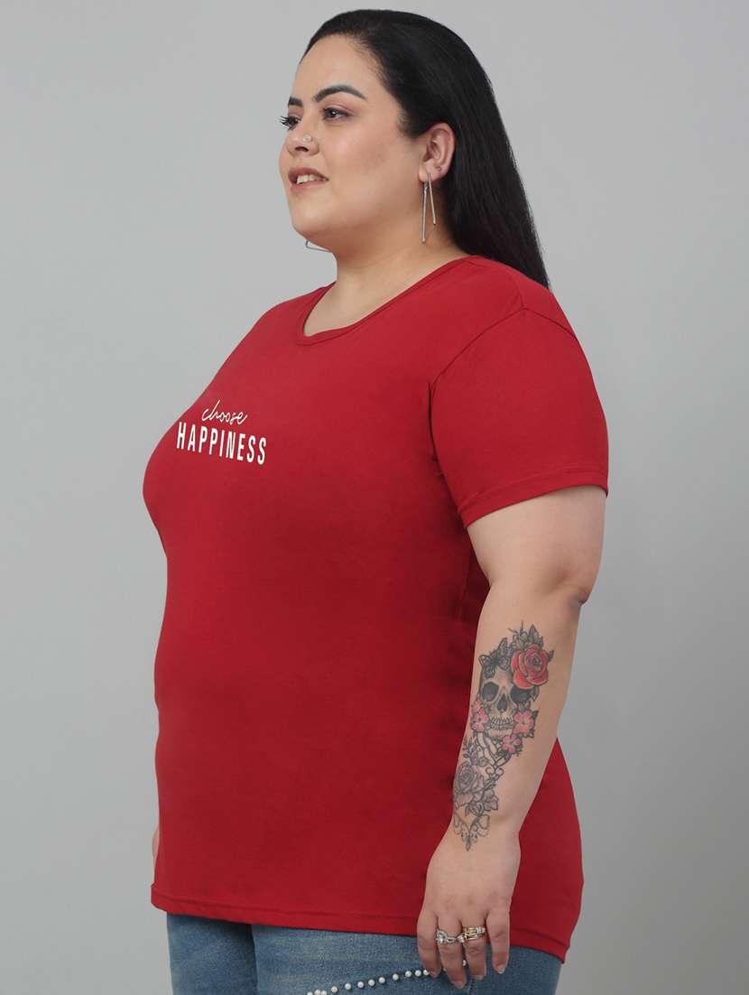 women round neck chest print plus size t-shirt - 21103044 - Standard Image - 1