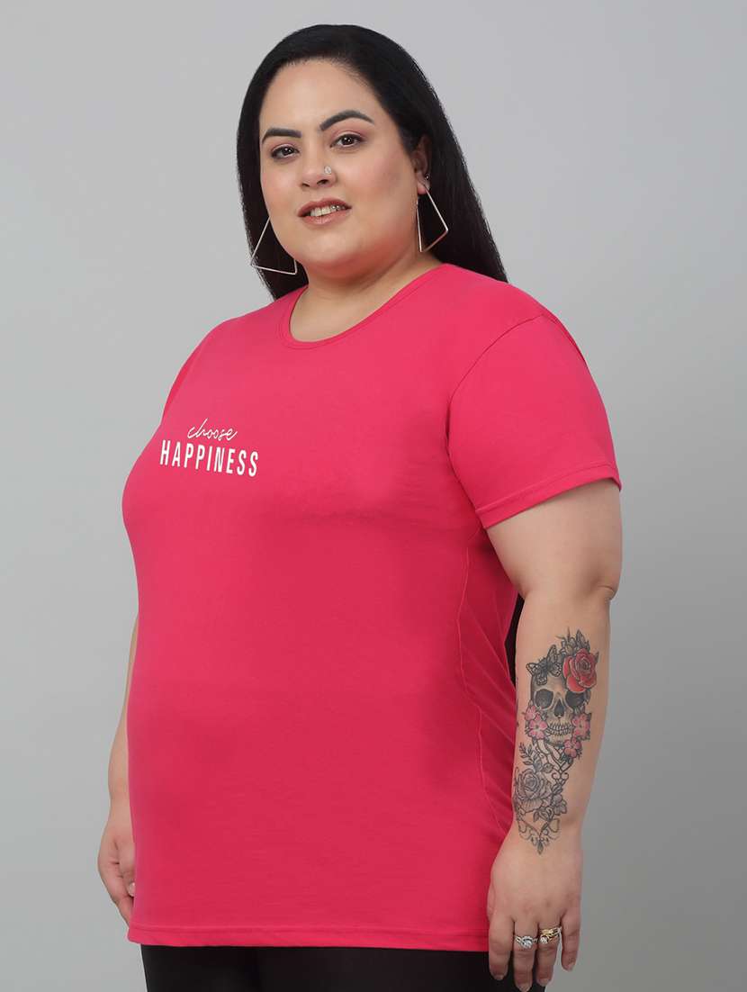 women round neck chest print plus size t-shirt - 21103047 - Standard Image - 1