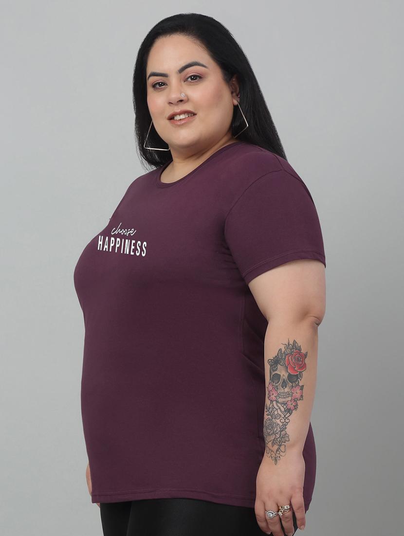 women round neck chest print plus size t-shirt - 21103048 - Standard Image - 1