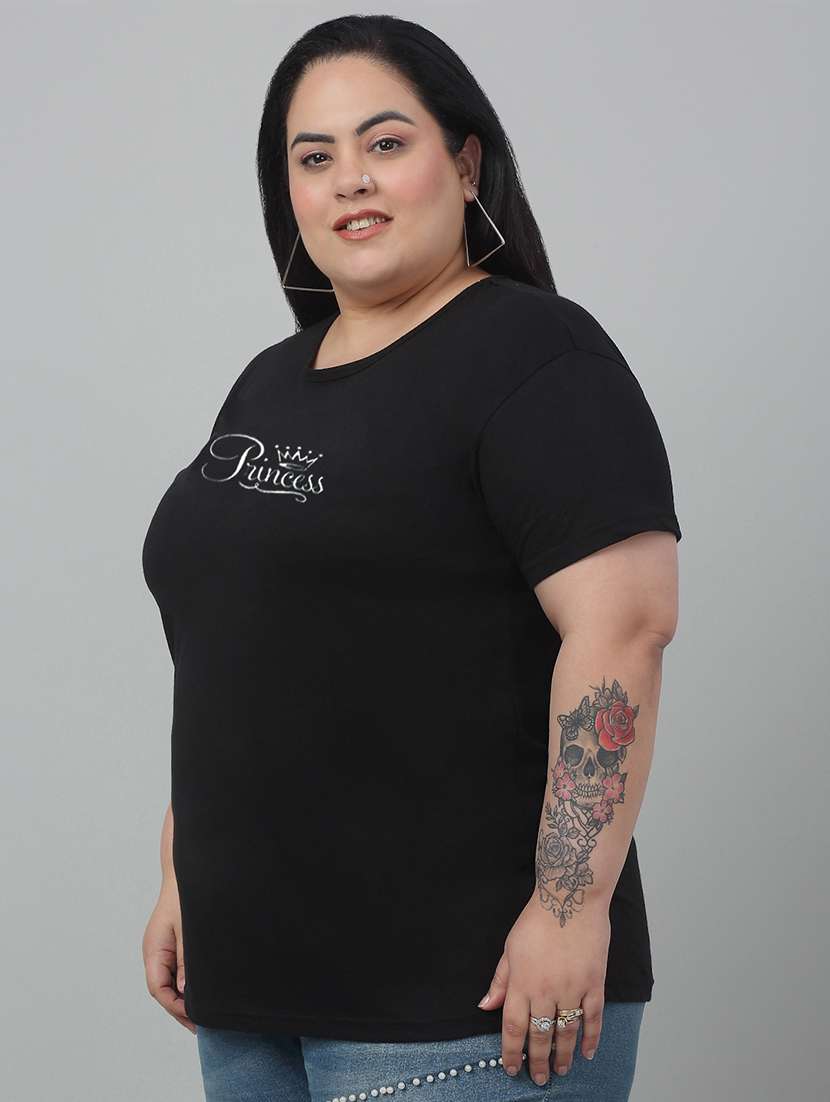 women round neck chest print plus size t-shirt - 21103049 -  Standard Image - 1