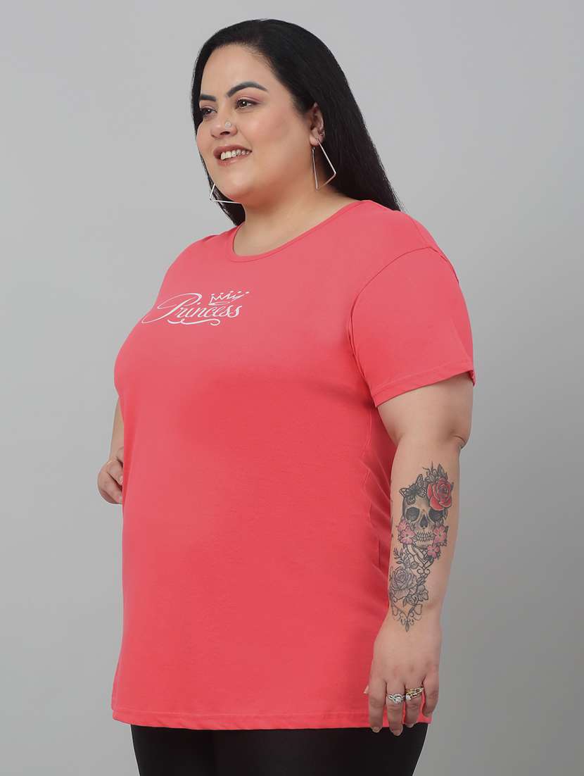 women round neck chest print plus size t-shirt - 21103050 - Standard Image - 1