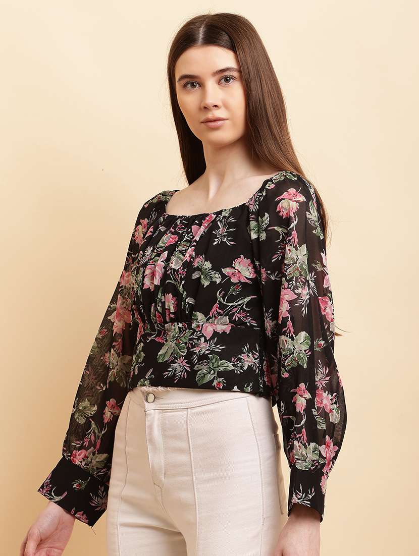 black frolals printed square neck crop top - 21103062 -  Standard Image - 1
