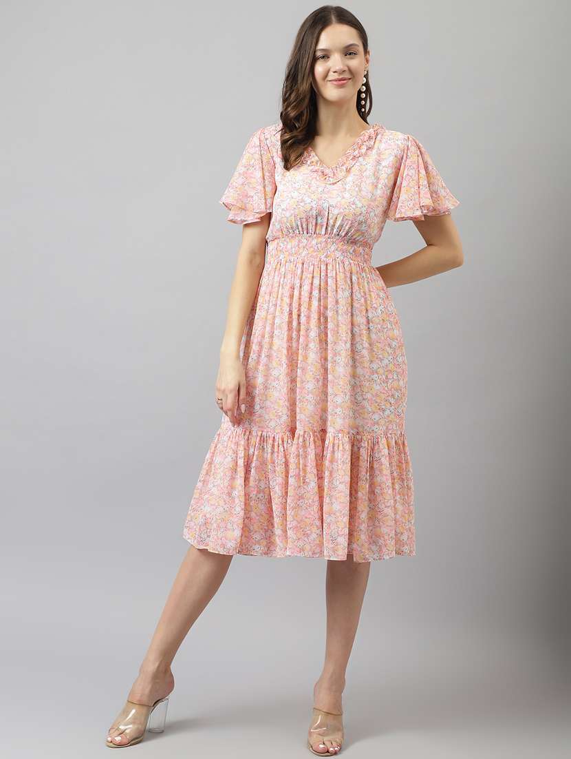 women peach floral printed a-line dress