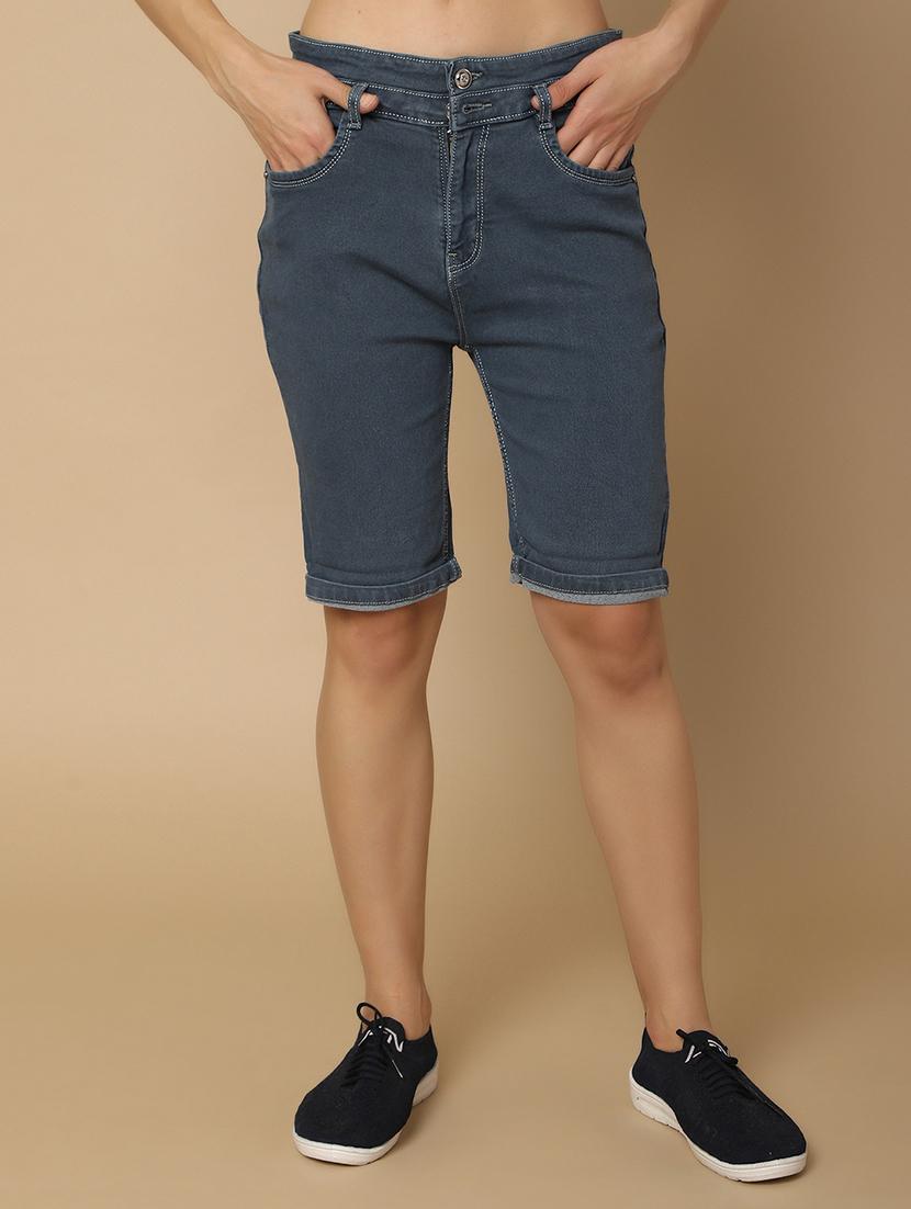women solid mid rise denim short - 21103177 -  Zoom Image - 0